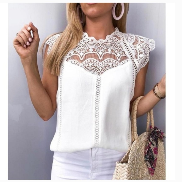 Tops - White Crochet Lace Trim Top